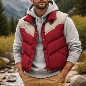 Vintage USA Made Down Puffer Vest Western Après Ski Color Block Unisex XL